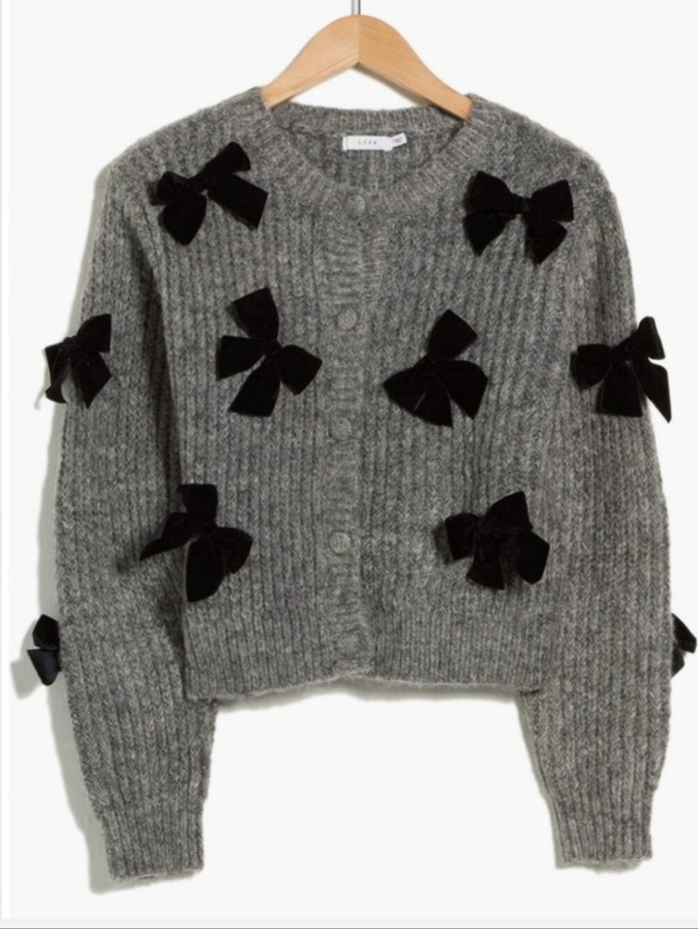 Lush Grey Chunky Knit Cardigan with Black Bow Appliqués
